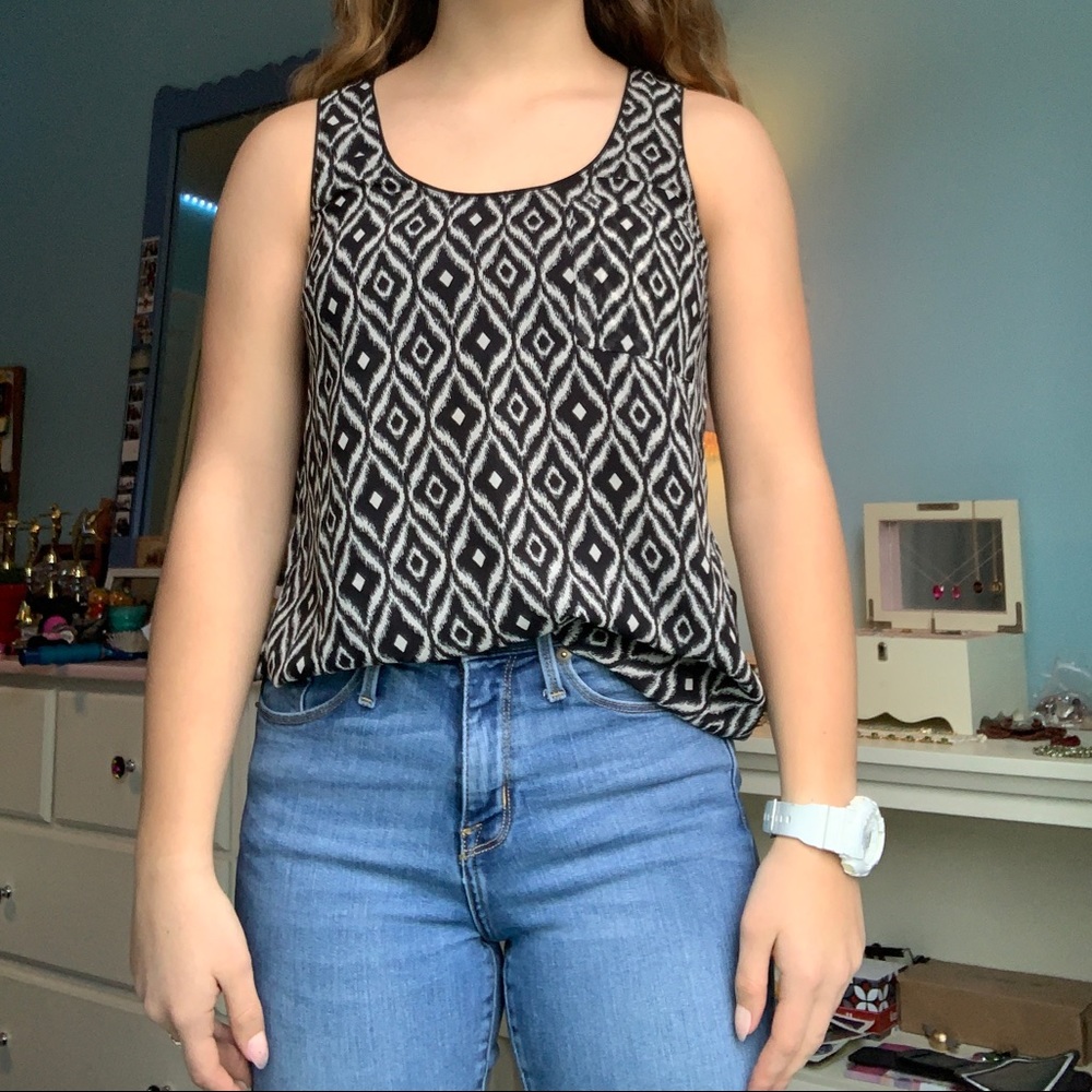 Black and white patterned charmeuse tank top